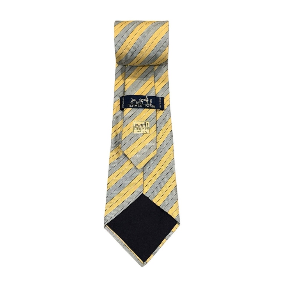Hermes Men's Tie Yellow & Blue Striped Linen/Silk France 3.75" (W) x 63" (L) euc - Picture 2 of 4